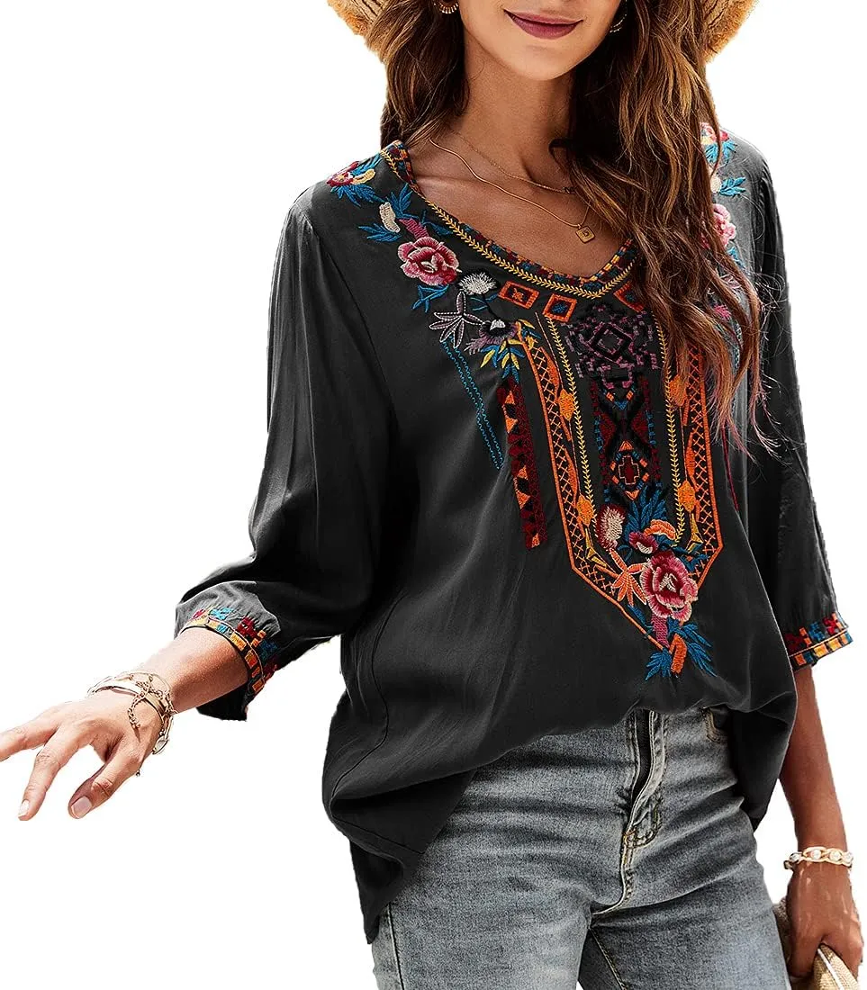 AK Embroidered Tops for Women 3/4 Sleeve Peasant Blouse Mexican Shirts V Neck Traditional Tunic Casual Tops