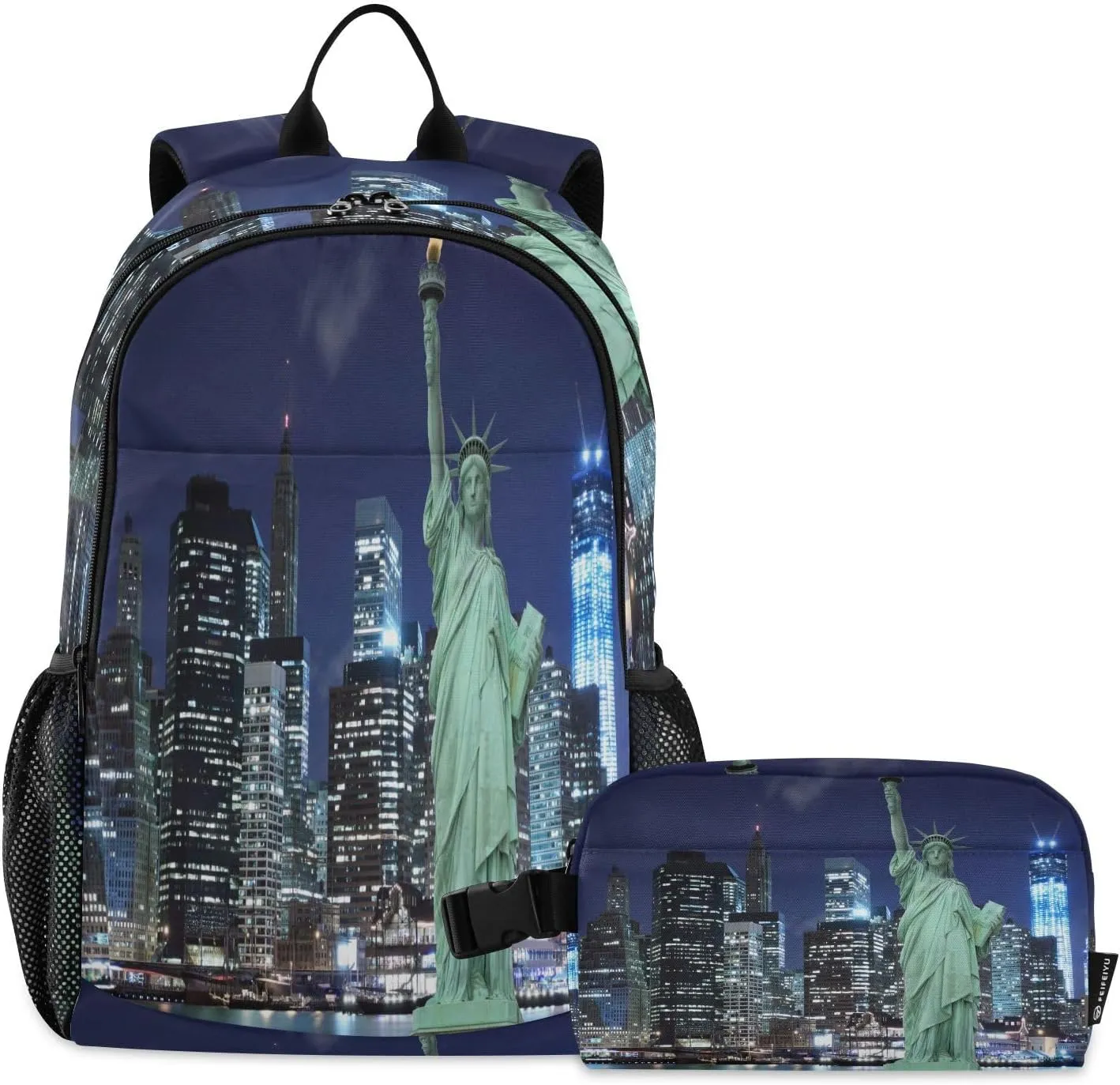 ALAZA Statue Of Liberty at Night New York City Kids Backpack Elementary Girls Boys Bookbag Rucksack Primary School Bag Backpack Set with Lunch Bag