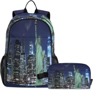 ALAZA Statue Of Liberty at Night New York City Kids Backpack Elementary Girls Boys Bookbag Rucksack Primary School Bag Backpack Set with Lunch Bag