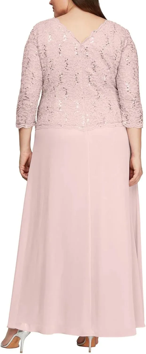 Alex Evenings Women's Plus Size Stretch Lace Bodice Mock One Piece Gown