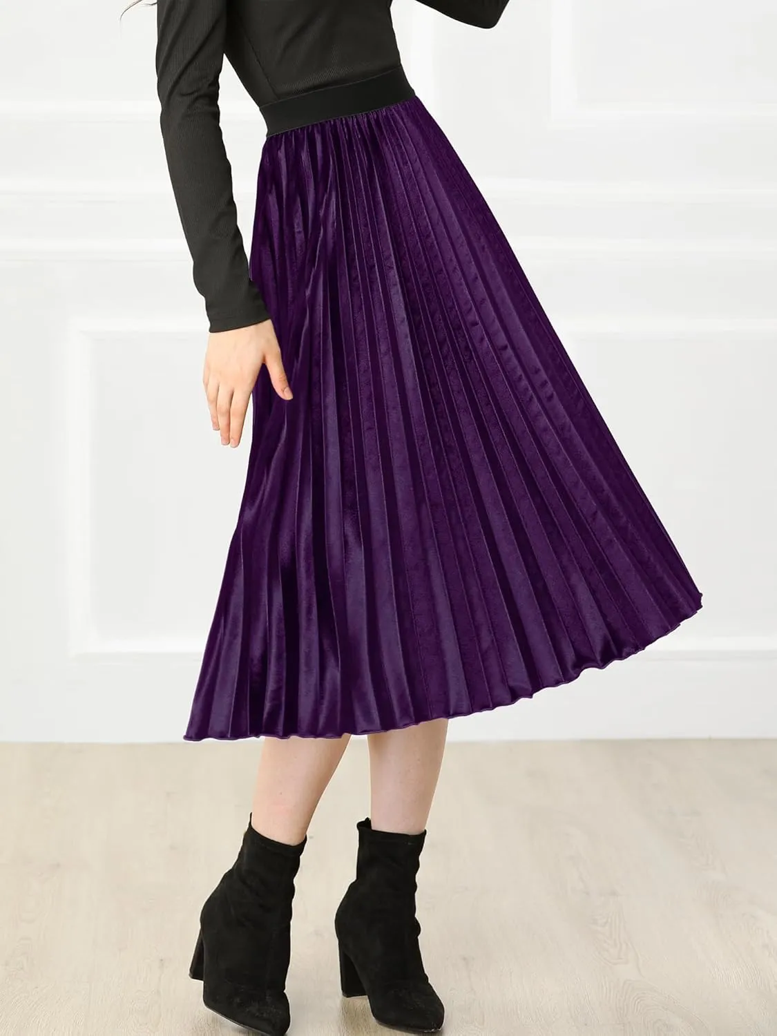 Allegra K Women's Fall Winter Elastic High Waist Flowy Swing Party Christmas Velvet Pleated Midi Skirt
