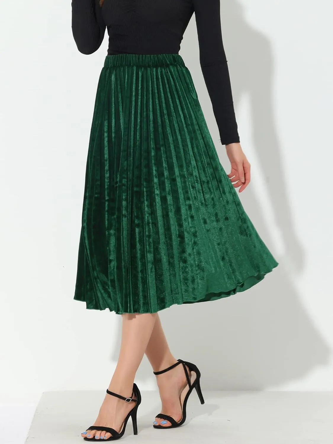 Allegra K Women's Fall Winter Elastic High Waist Flowy Swing Party Christmas Velvet Pleated Midi Skirt