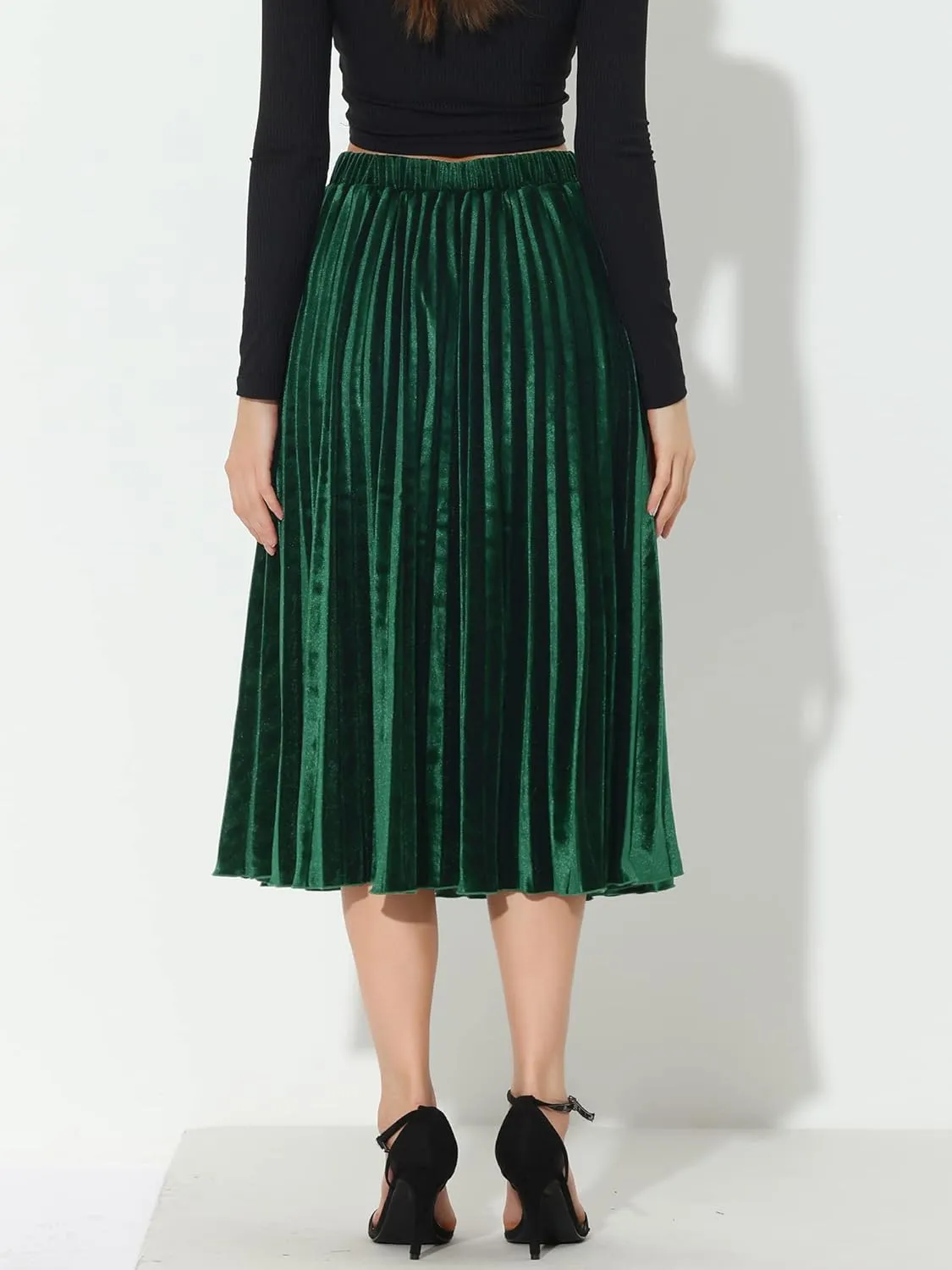 Allegra K Women's Fall Winter Elastic High Waist Flowy Swing Party Christmas Velvet Pleated Midi Skirt