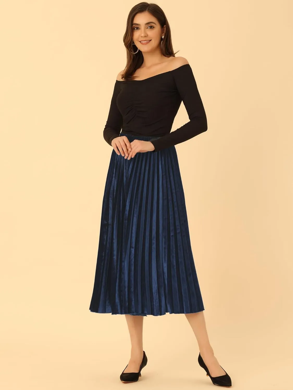 Allegra K Women's Fall Winter Elastic High Waist Flowy Swing Party Christmas Velvet Pleated Midi Skirt