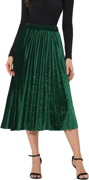 Allegra K Women's Fall Winter Elastic High Waist Flowy Swing Party Christmas Velvet Pleated Midi Skirt