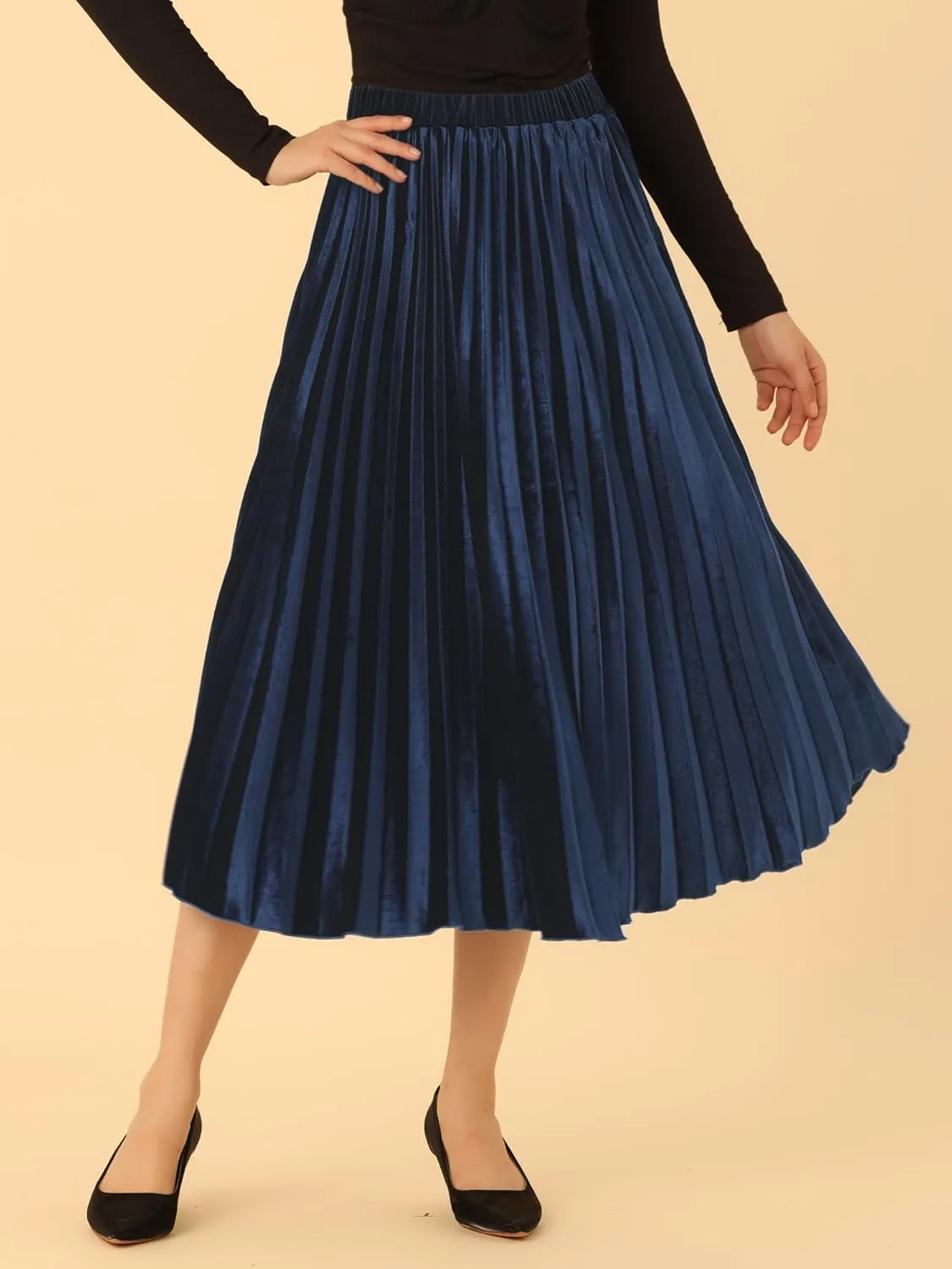 Allegra K Women's Fall Winter Elastic High Waist Flowy Swing Party Christmas Velvet Pleated Midi Skirt