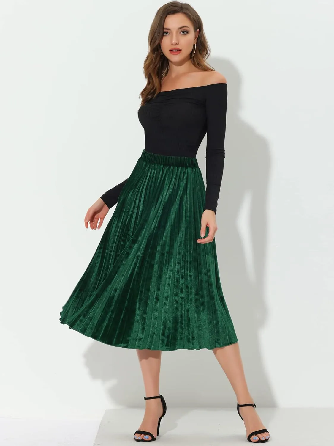 Allegra K Women's Fall Winter Elastic High Waist Flowy Swing Party Christmas Velvet Pleated Midi Skirt