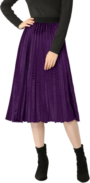 Allegra K Women's Fall Winter Elastic High Waist Flowy Swing Party Christmas Velvet Pleated Midi Skirt