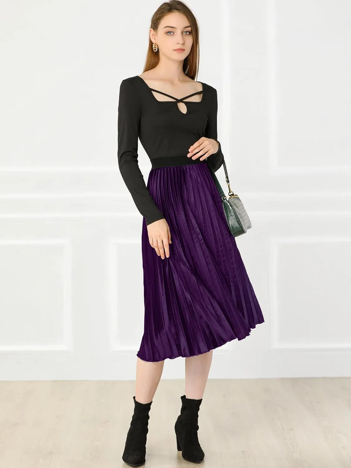 Allegra K Women's Fall Winter Elastic High Waist Flowy Swing Party Christmas Velvet Pleated Midi Skirt