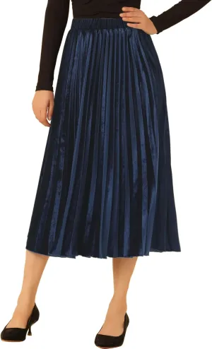 Allegra K Women's Fall Winter Elastic High Waist Flowy Swing Party Christmas Velvet Pleated Midi Skirt