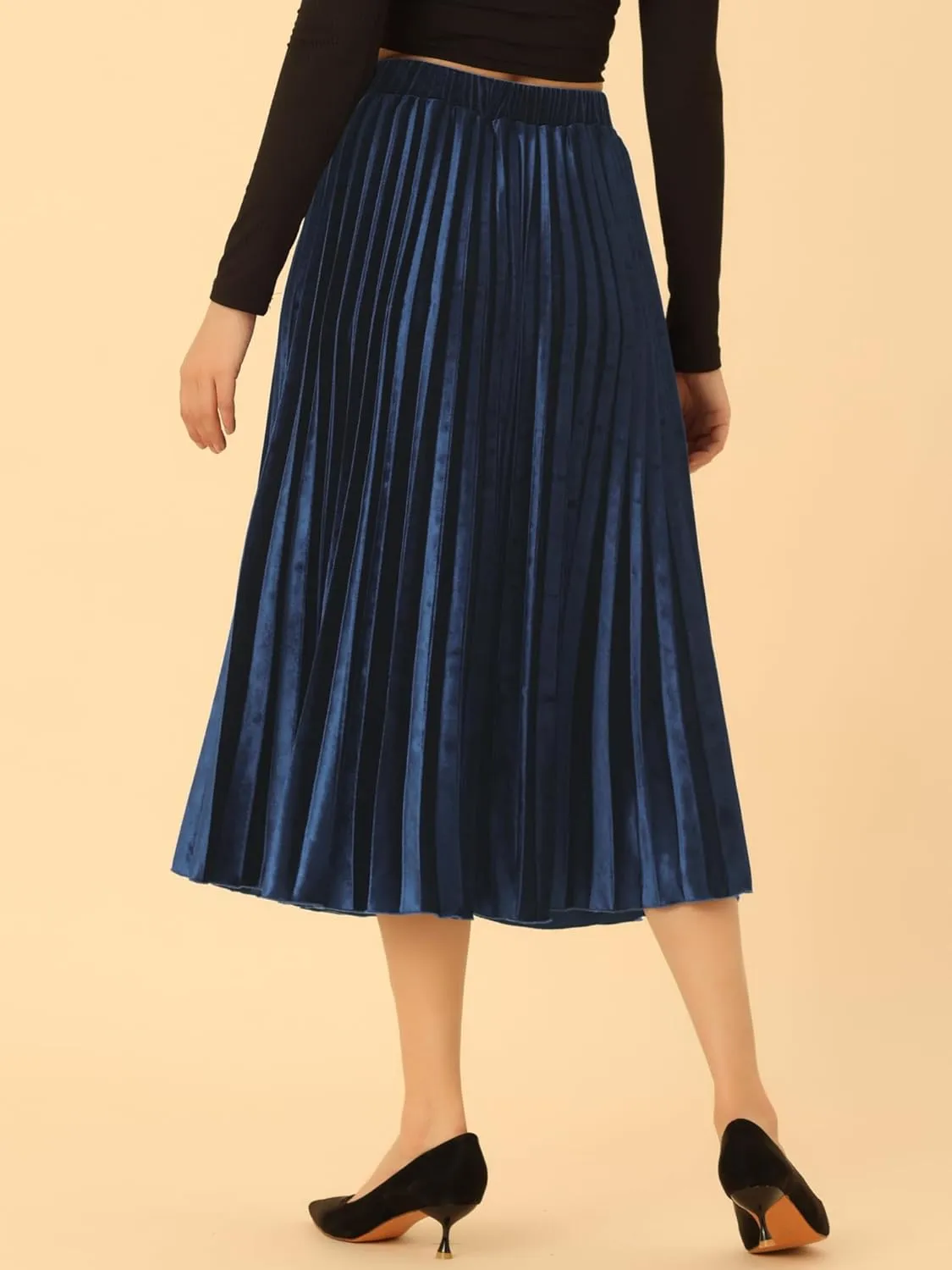 Allegra K Women's Fall Winter Elastic High Waist Flowy Swing Party Christmas Velvet Pleated Midi Skirt