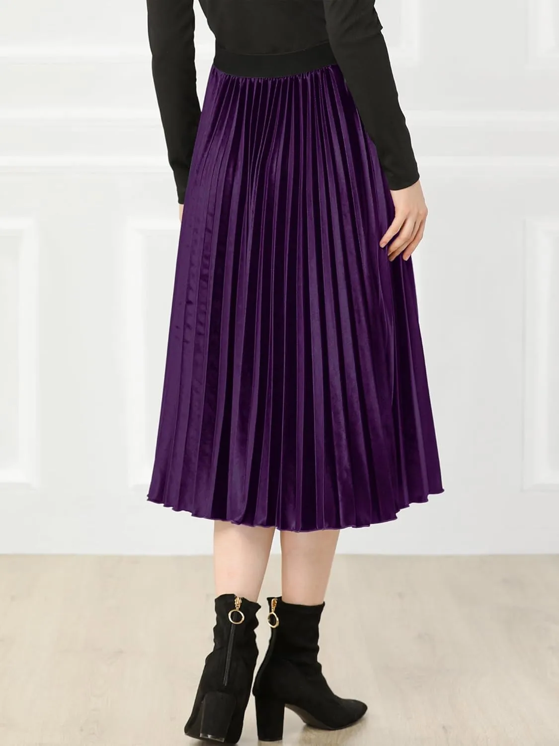 Allegra K Women's Fall Winter Elastic High Waist Flowy Swing Party Christmas Velvet Pleated Midi Skirt