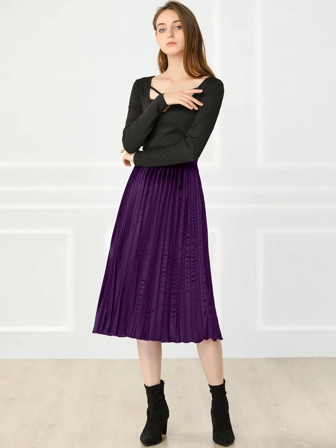 Allegra K Women's Fall Winter Elastic High Waist Flowy Swing Party Christmas Velvet Pleated Midi Skirt