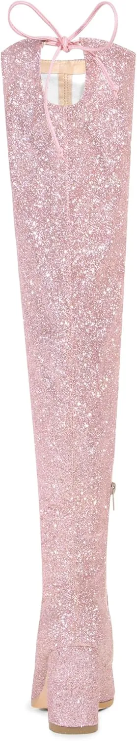 Allegra K Women's Glitter Boots Round Toe Chunky Heel Over the Knee High Boots
