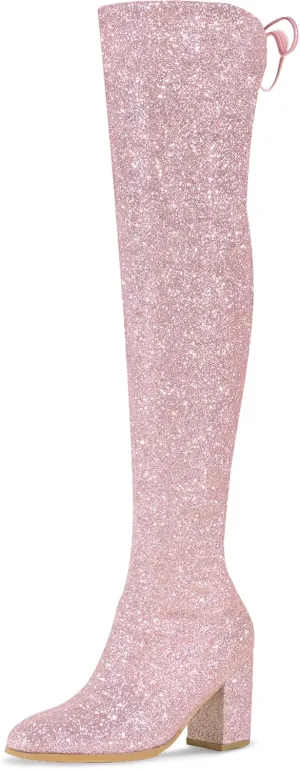 Allegra K Women's Glitter Boots Round Toe Chunky Heel Over the Knee High Boots
