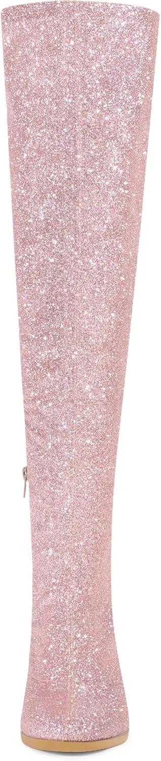 Allegra K Women's Glitter Boots Round Toe Chunky Heel Over the Knee High Boots