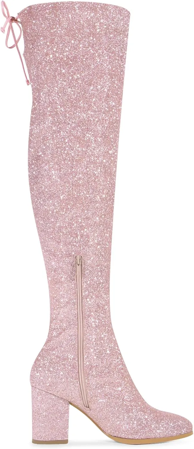 Allegra K Women's Glitter Boots Round Toe Chunky Heel Over the Knee High Boots