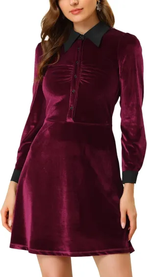 Allegra K Women's Halloween Velvet Long Sleeves Contrast Collar Casual Party A-Line Mini Dress