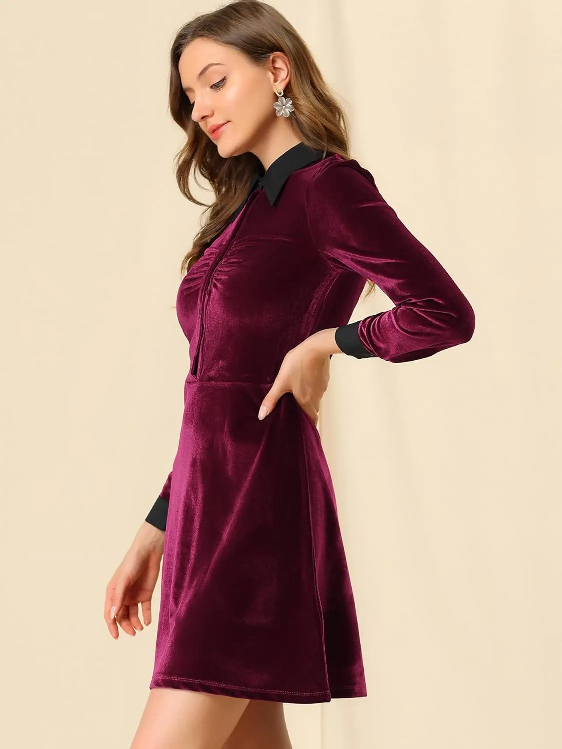 Allegra K Women's Halloween Velvet Long Sleeves Contrast Collar Casual Party A-Line Mini Dress