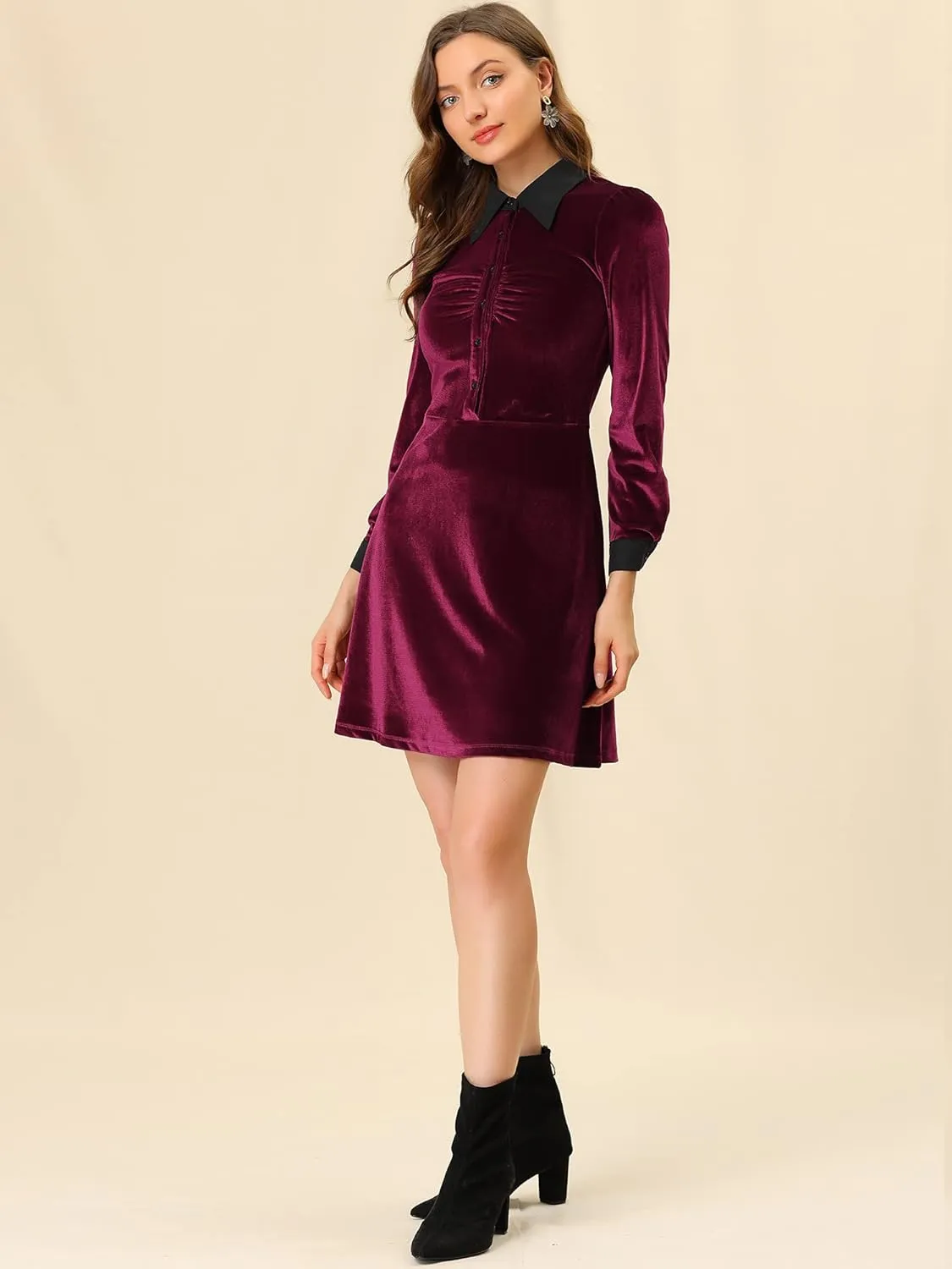 Allegra K Women's Halloween Velvet Long Sleeves Contrast Collar Casual Party A-Line Mini Dress