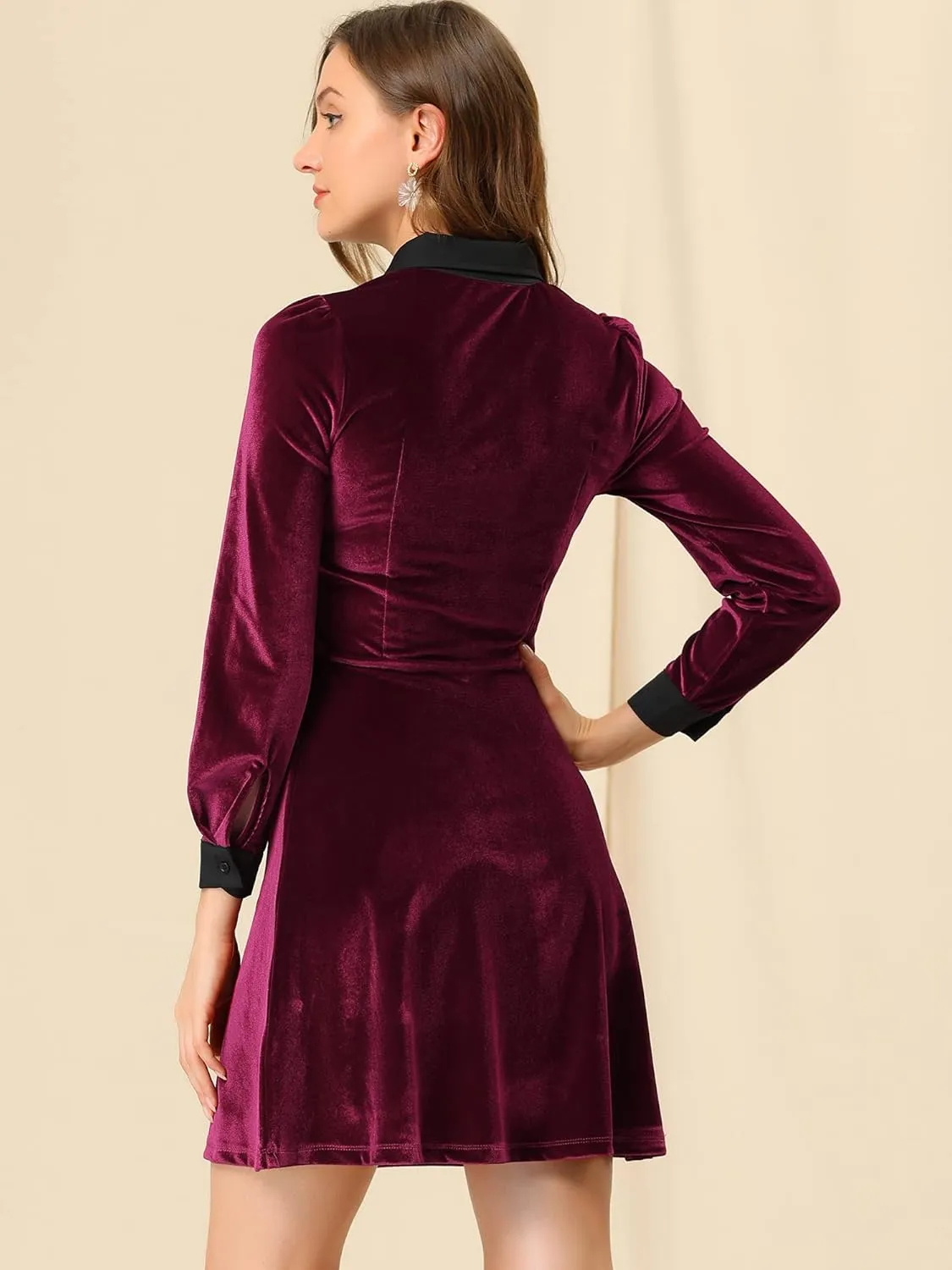 Allegra K Women's Halloween Velvet Long Sleeves Contrast Collar Casual Party A-Line Mini Dress