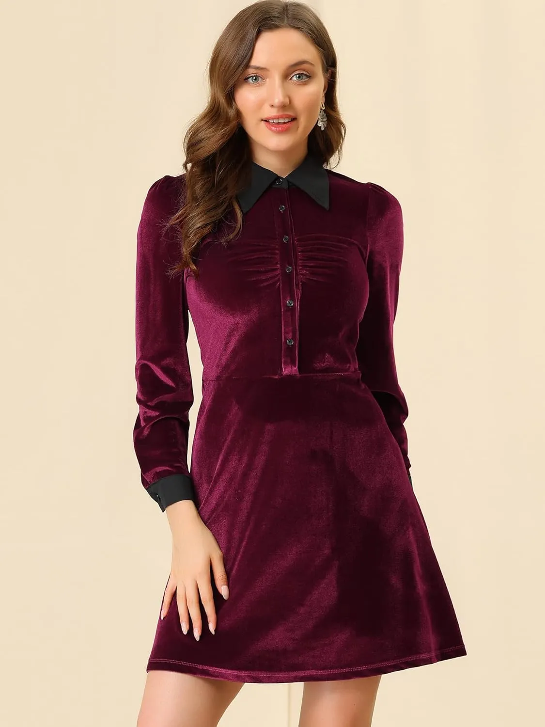 Allegra K Women's Halloween Velvet Long Sleeves Contrast Collar Casual Party A-Line Mini Dress
