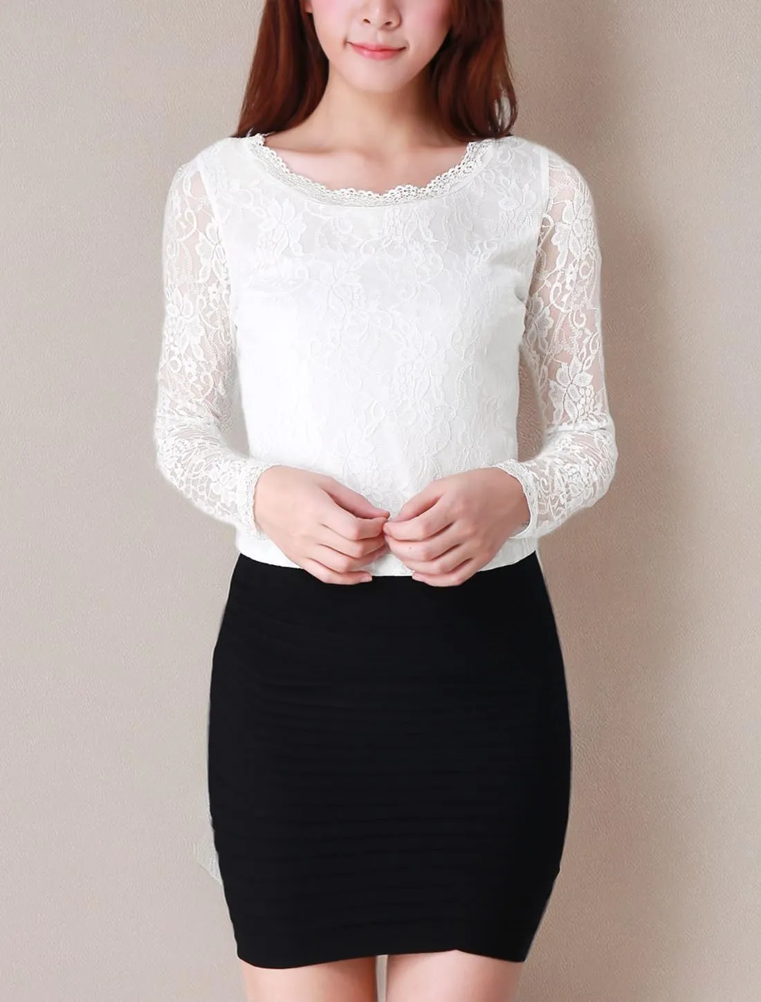 Allegra K Women's Lace Tops Sheer Dressy Casual Floral Lace Long Sleeve Tops