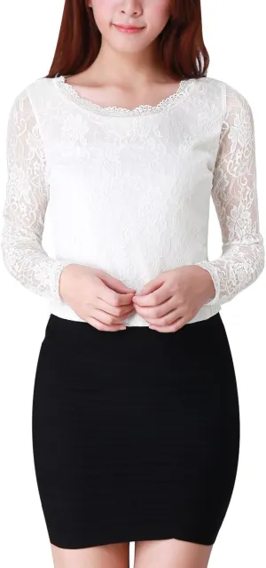 Allegra K Women's Lace Tops Sheer Dressy Casual Floral Lace Long Sleeve Tops