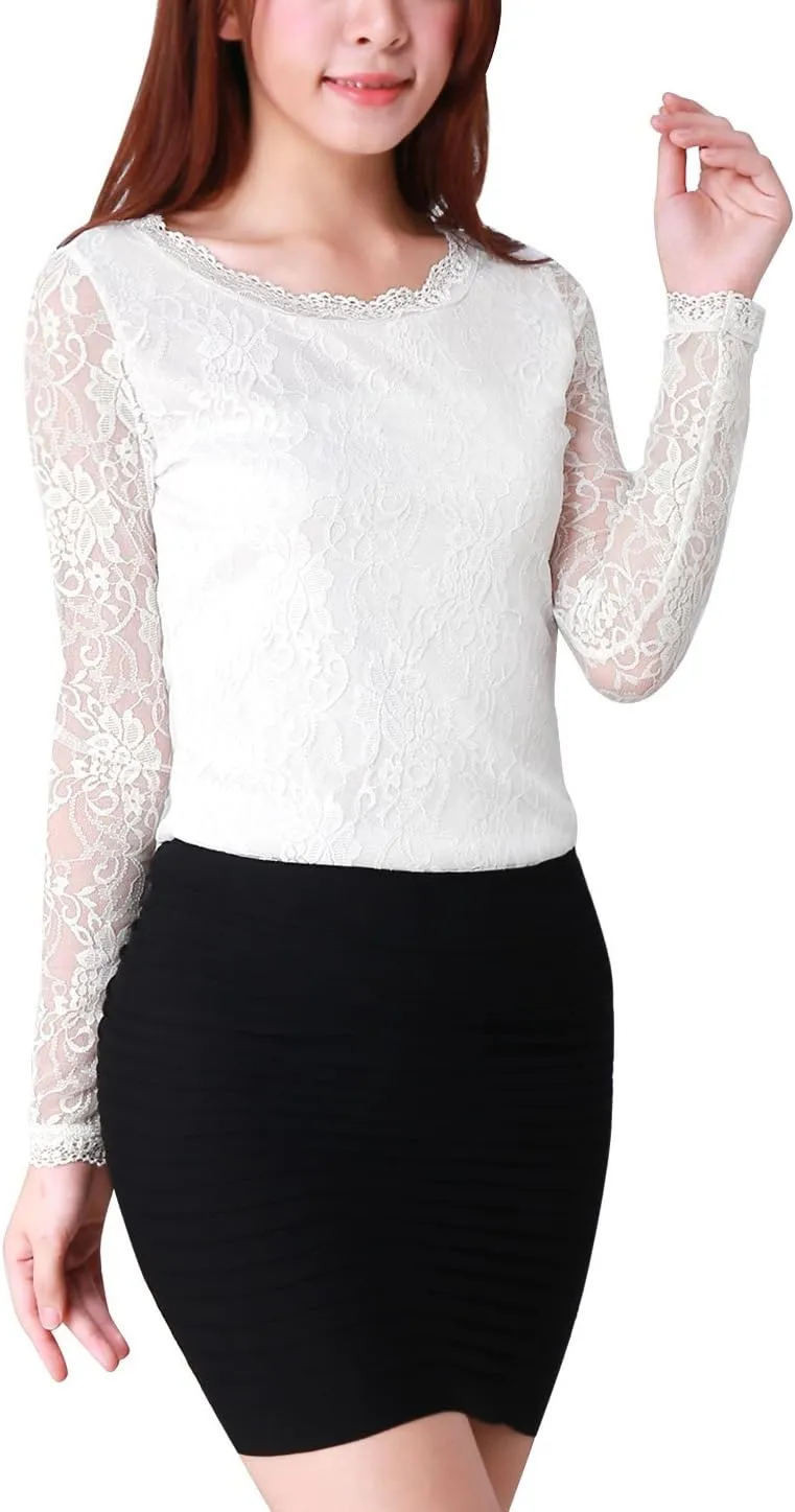 Allegra K Women's Lace Tops Sheer Dressy Casual Floral Lace Long Sleeve Tops