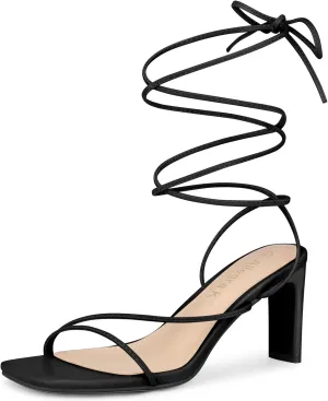 Allegra K Women's Lace Up Strappy Block High Heel Sandals