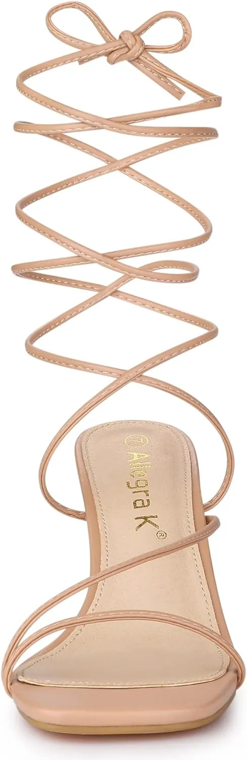 Allegra K Women's Lace Up Strappy Block High Heel Sandals