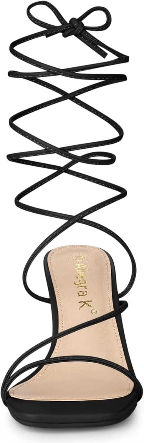 Allegra K Women's Lace Up Strappy Block High Heel Sandals