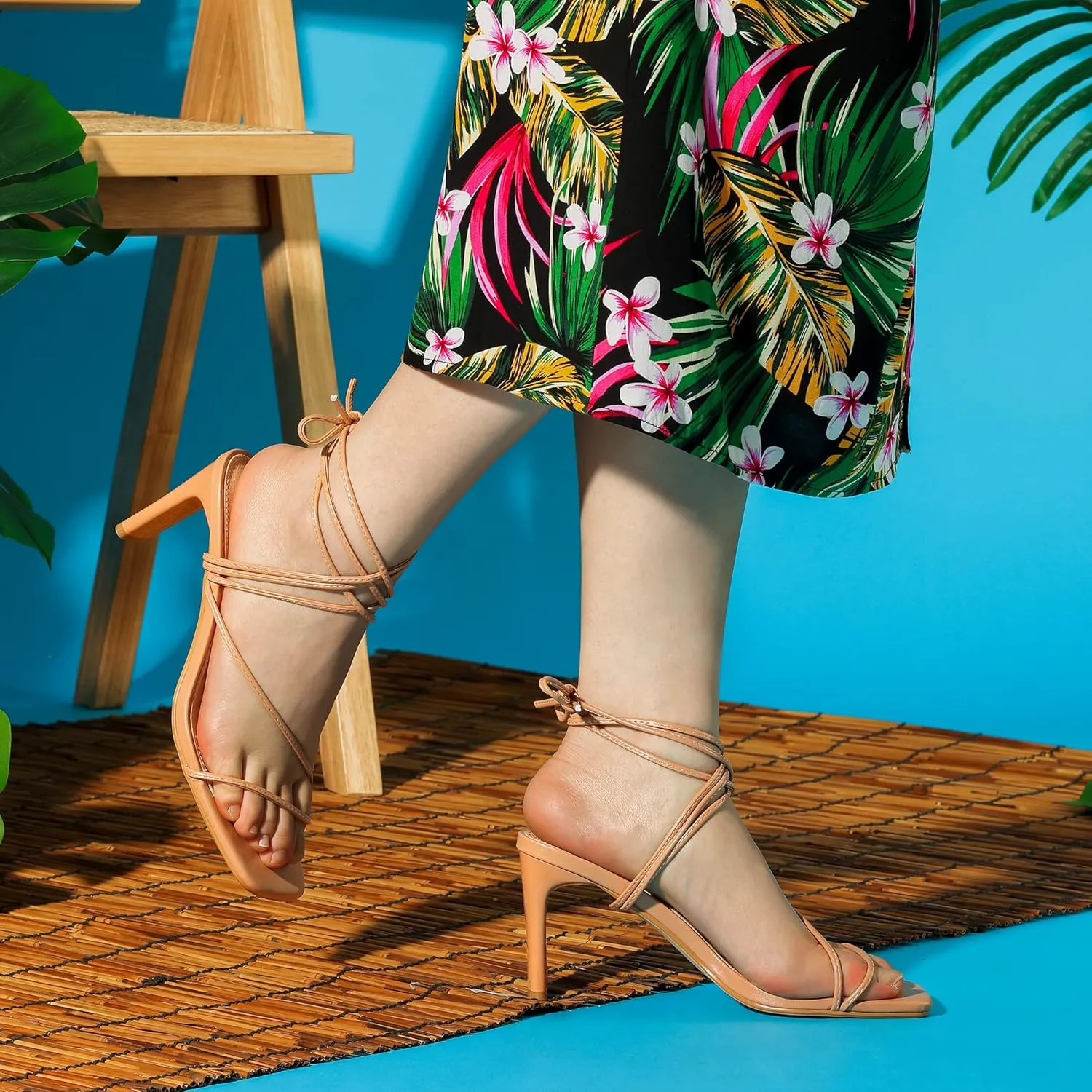 Allegra K Women's Lace Up Strappy Block High Heel Sandals