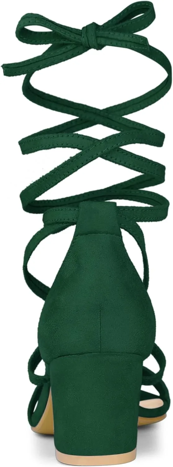 Allegra K Women's Open Toe Lace Up Mid Chunky Heeled Sandals
