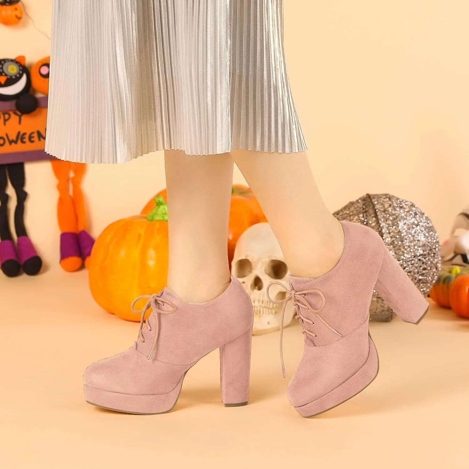 Allegra K Women's Platform Chunky Heel Lace Up Booties
