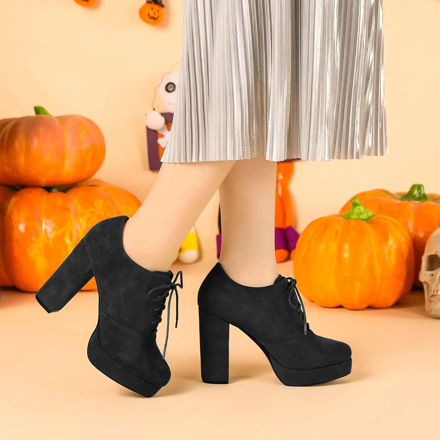 Allegra K Women's Platform Chunky Heel Lace Up Booties