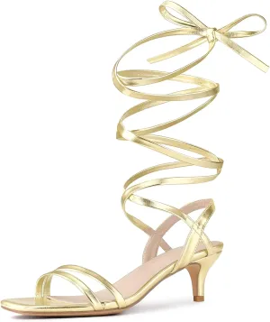 Allegra K Women's Strappy Lace Up Slingback Kitten Heel Sandals