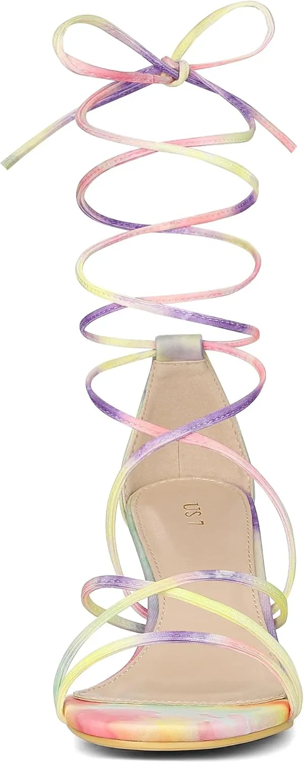 Allegra K Women's Strappy Tie Dye Heels Lace Up Kitten Heel Sandals