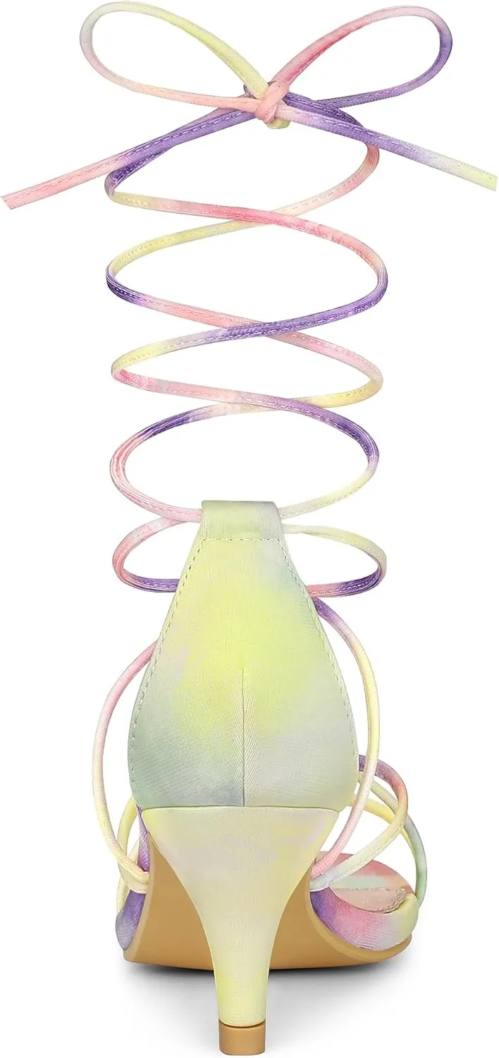 Allegra K Women's Strappy Tie Dye Heels Lace Up Kitten Heel Sandals