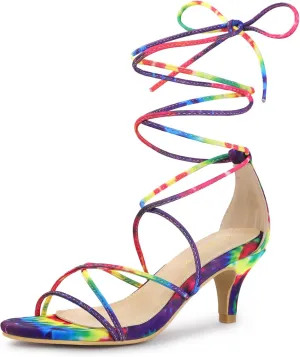 Allegra K Women's Strappy Tie Dye Heels Lace Up Kitten Heel Sandals