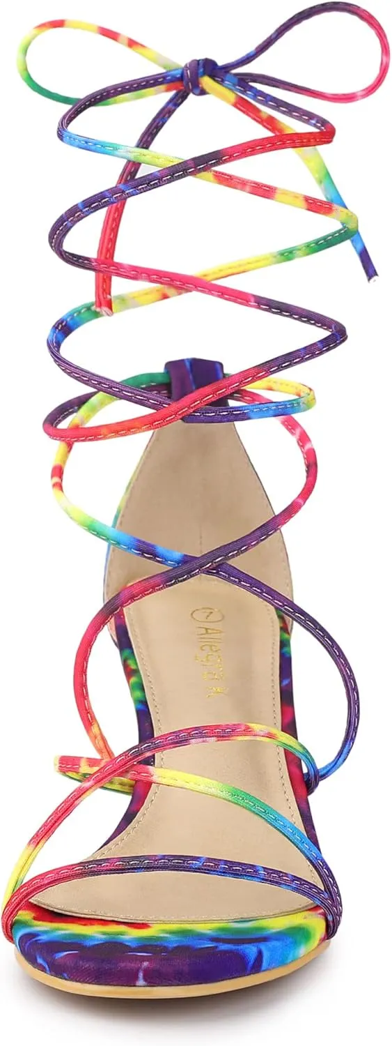 Allegra K Women's Strappy Tie Dye Heels Lace Up Kitten Heel Sandals