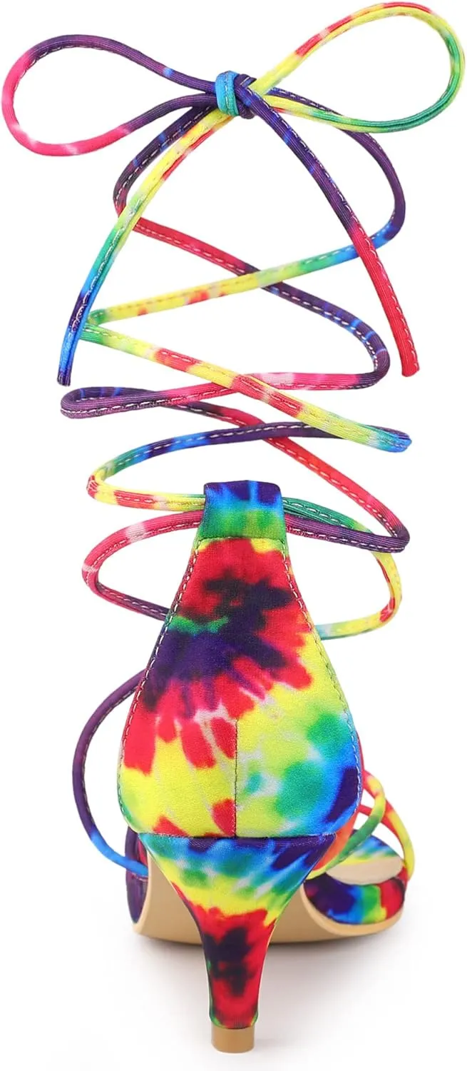 Allegra K Women's Strappy Tie Dye Heels Lace Up Kitten Heel Sandals