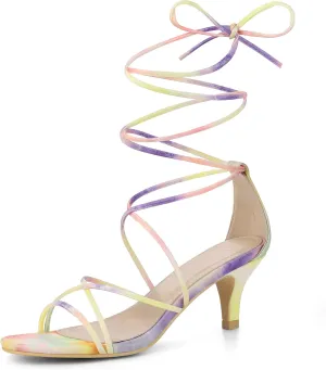 Allegra K Women's Strappy Tie Dye Heels Lace Up Kitten Heel Sandals