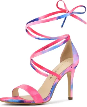 Allegra K Women's Tie Dye Lace Up Stiletto Heel Sandals