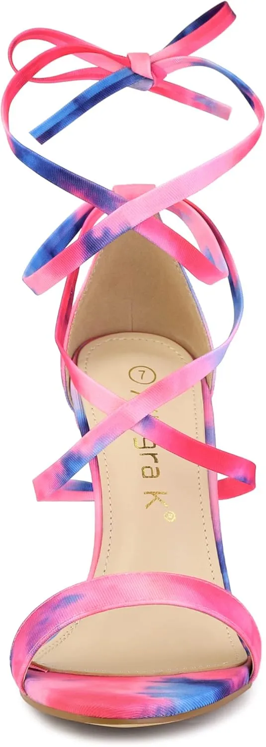 Allegra K Women's Tie Dye Lace Up Stiletto Heel Sandals
