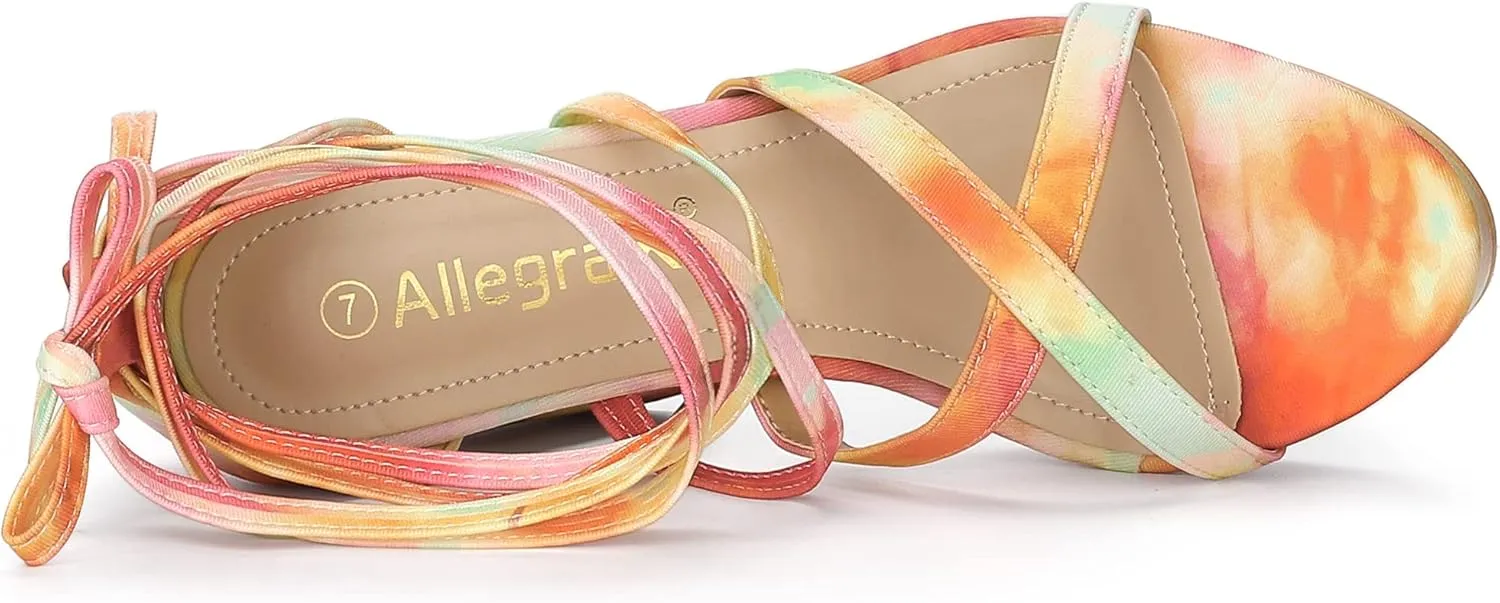 Allegra K Women's Tie Dye Platform Chunky Heel Lace Up Sandals