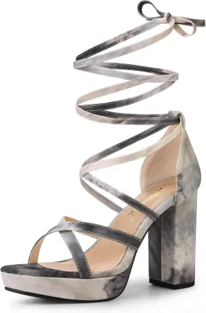Allegra K Women's Tie Dye Platform Chunky Heel Lace Up Sandals