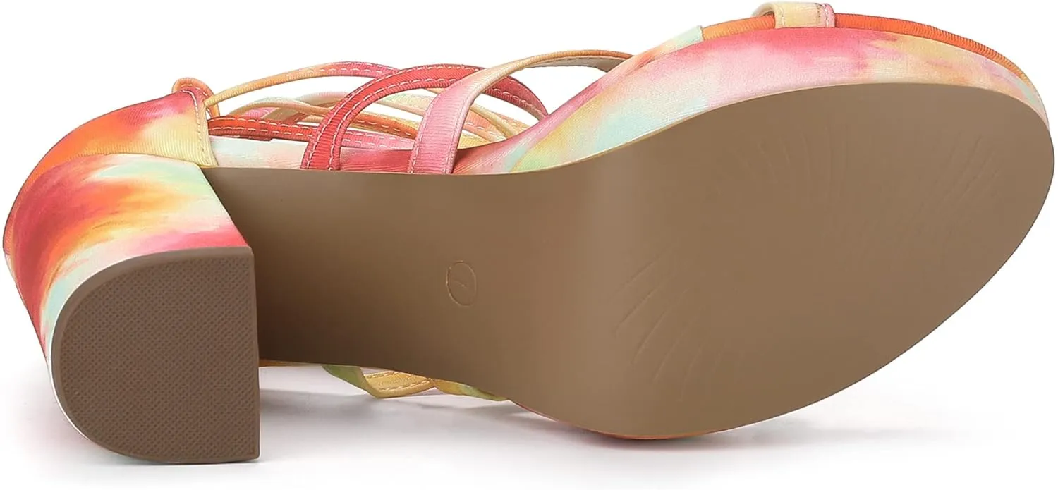 Allegra K Women's Tie Dye Platform Chunky Heel Lace Up Sandals
