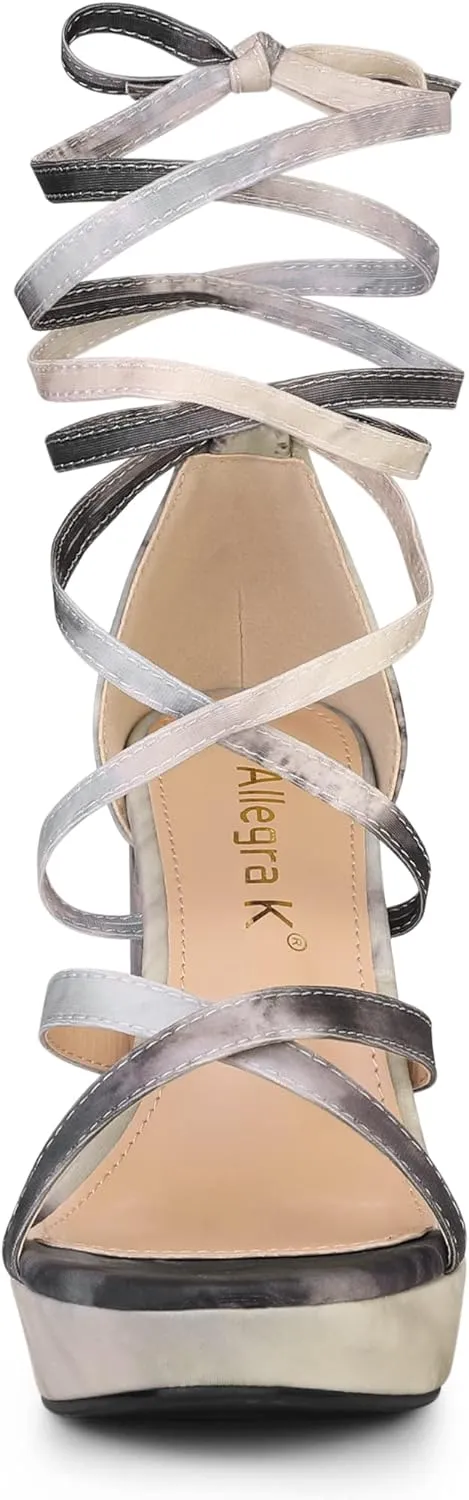 Allegra K Women's Tie Dye Platform Chunky Heel Lace Up Sandals