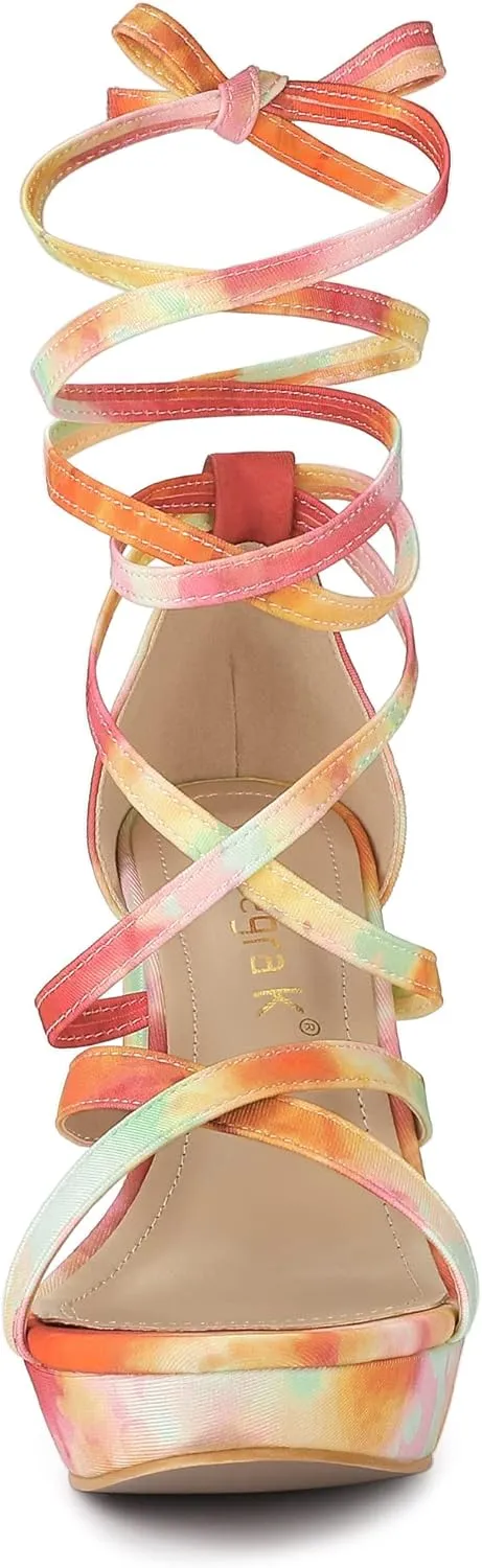 Allegra K Women's Tie Dye Platform Chunky Heel Lace Up Sandals
